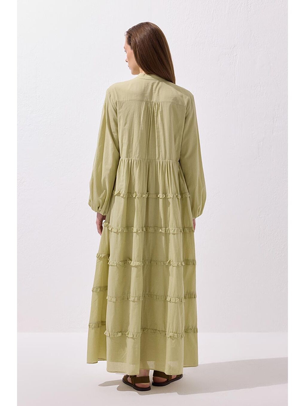 Yeşil Azur Vual Katlı Uzun Elbise Çağla-3