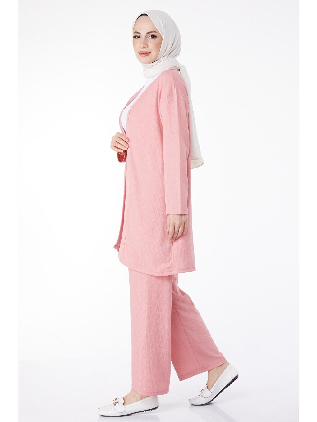 Ceket Yaka Kadın Pembe Kimono Pantolon İkili Takım - 25113-2