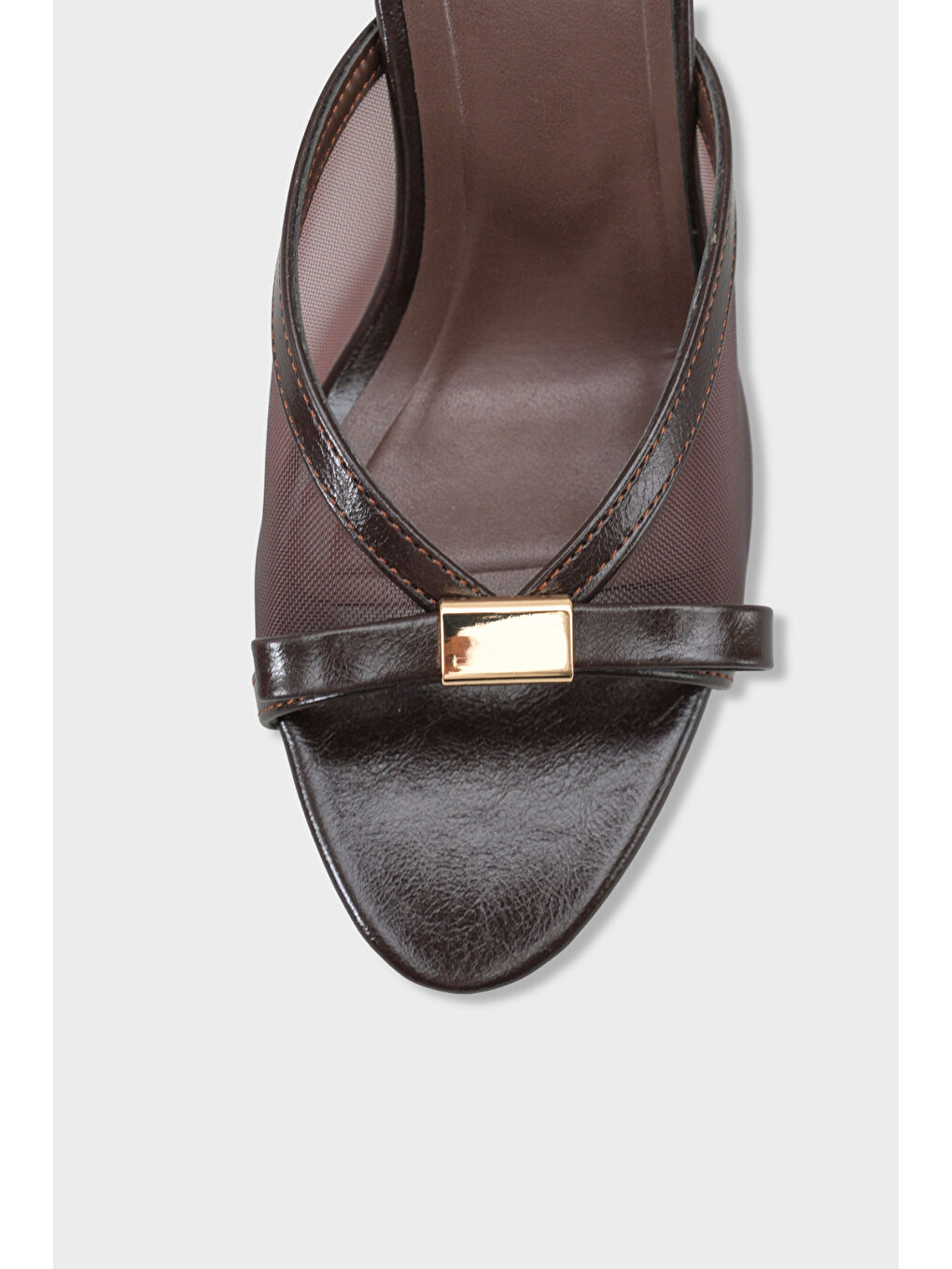 Kahverengi Robbi Sivri Burunlu Fileli Fiyonklu Orta Topuklu Kadın Terlik-2