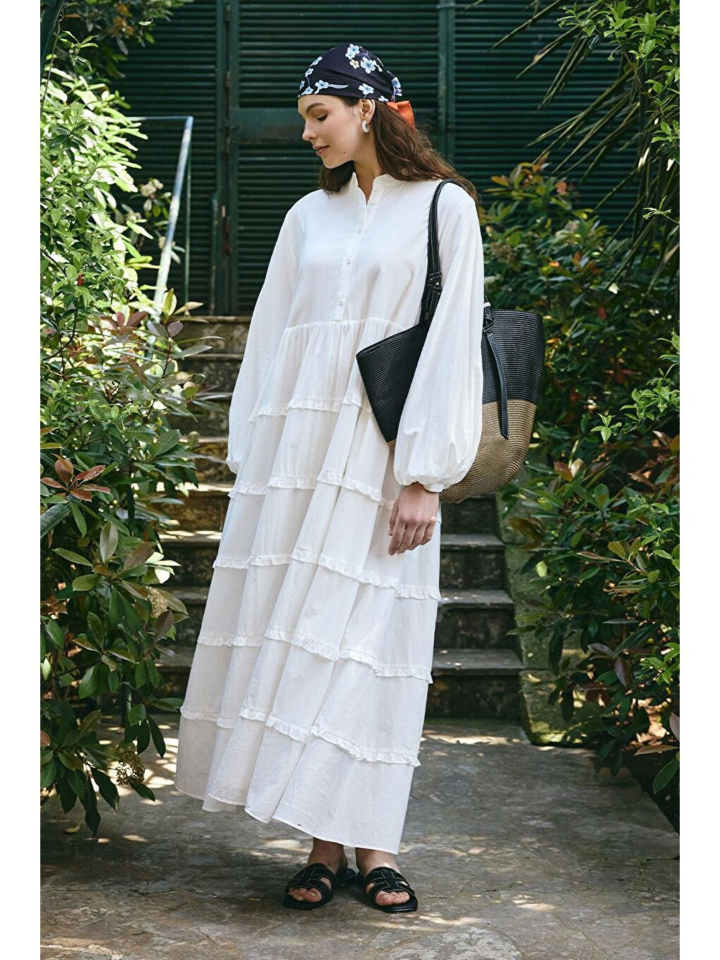 Azur Vual Katlı Uzun Elbise Ekru