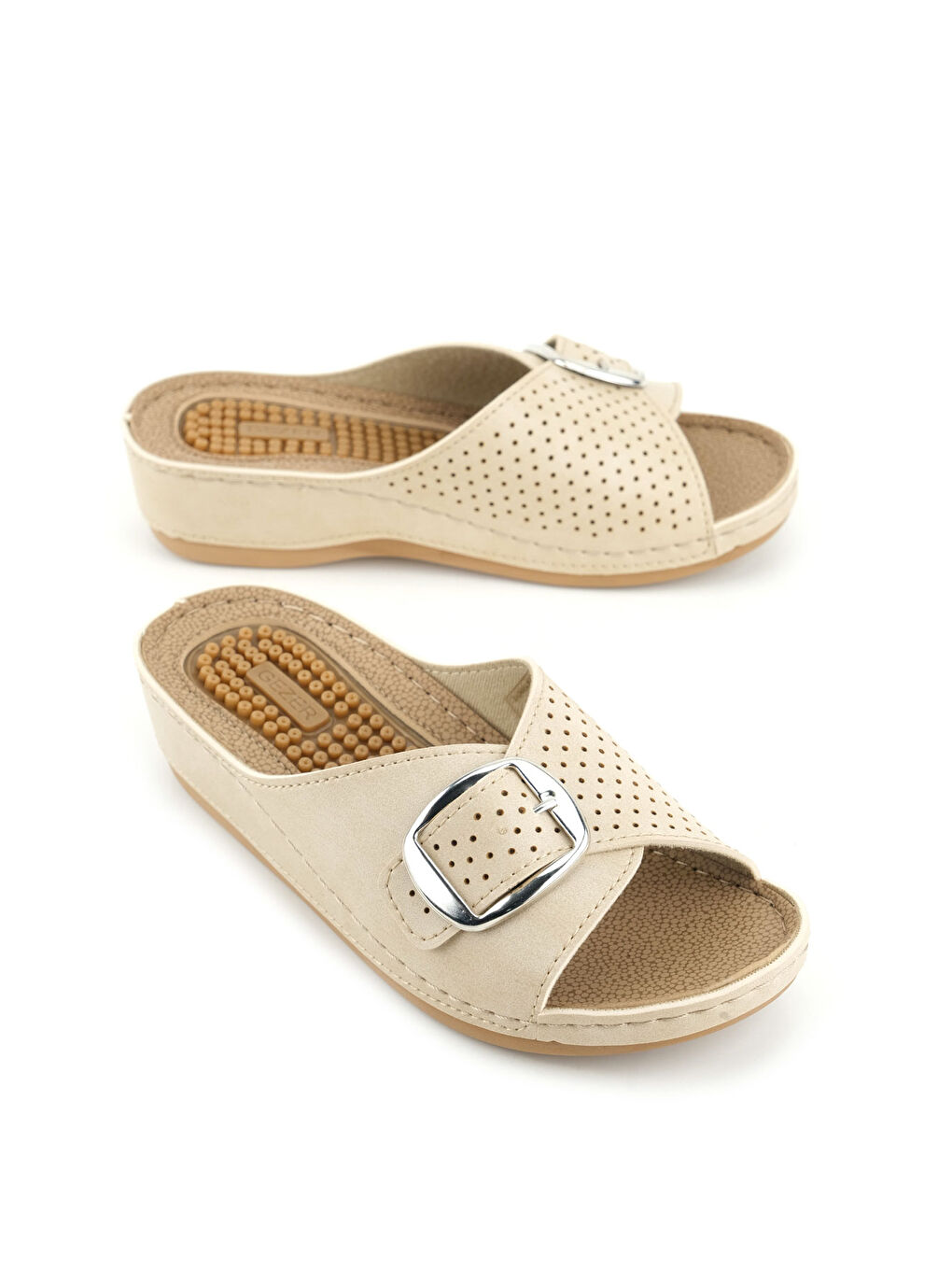 Ekru Kadın Yazlık Masaj Taban Tek Toka Ayarlanabilir Yüksek Topuk Günlük Terlik