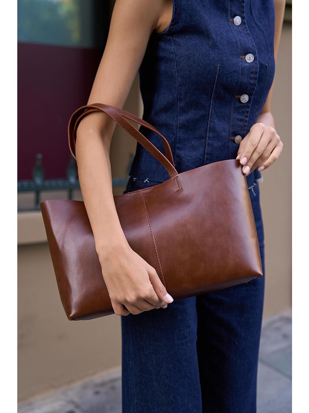 Kahverengi Minimal Tote El Ve Omuz Çantası Taba