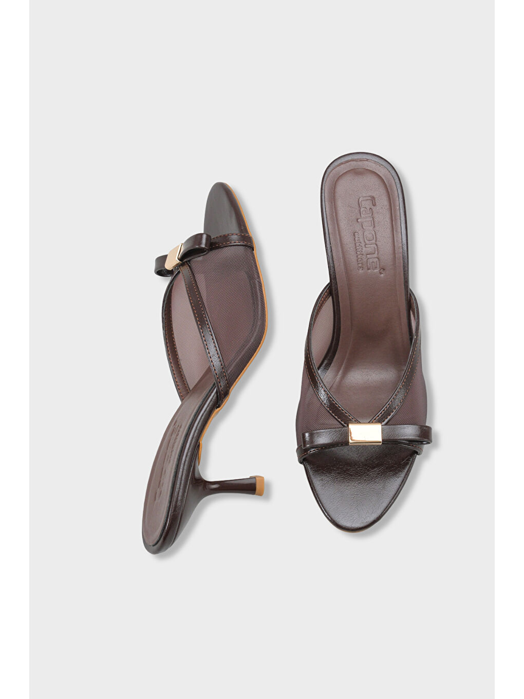 Kahverengi Robbi Sivri Burunlu Fileli Fiyonklu Orta Topuklu Kadın Terlik-4