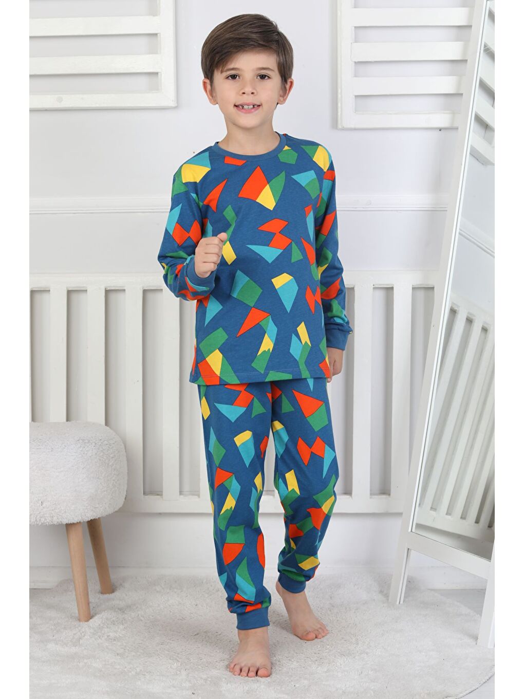 Lacivert Renkli Geometrik Şekilli Erkek Çocuk Pijama Takımı-2