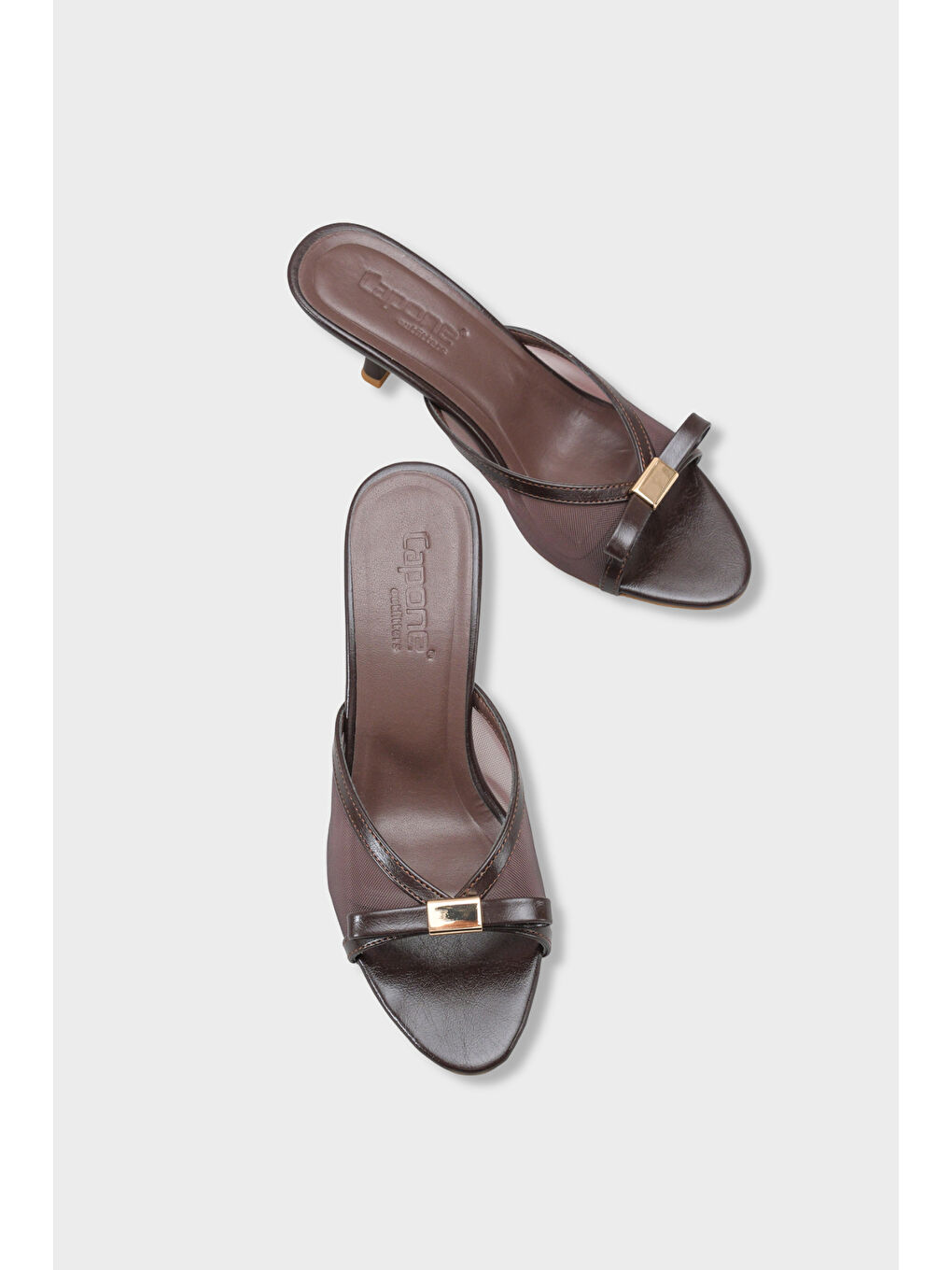 Kahverengi Robbi Sivri Burunlu Fileli Fiyonklu Orta Topuklu Kadın Terlik-5