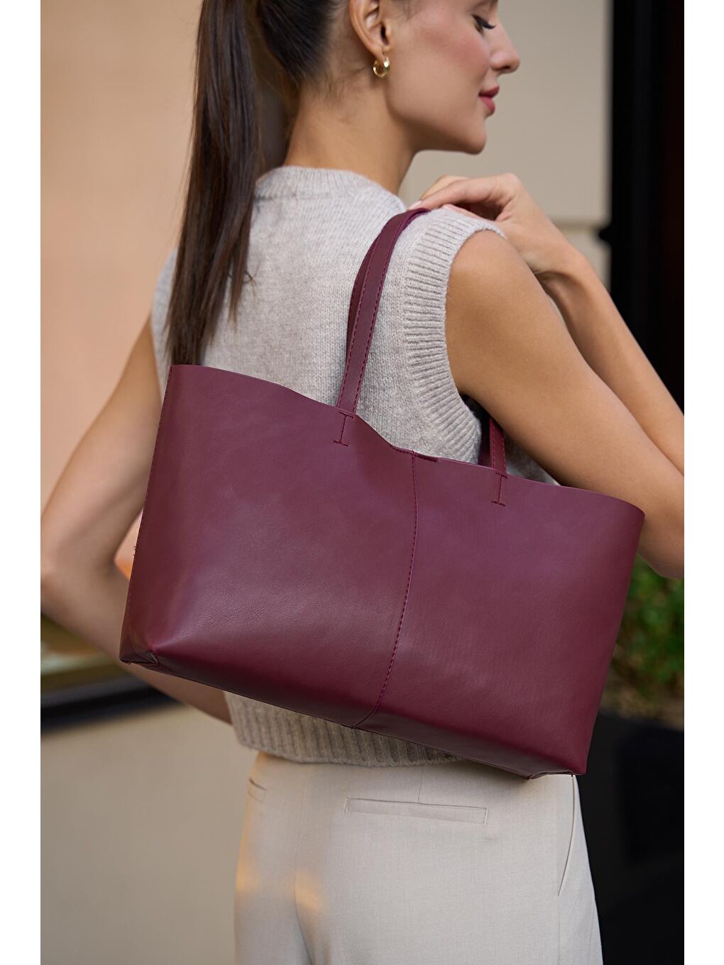 MADAMRA Minimal Tote El Ve Omuz Çantası Bordo