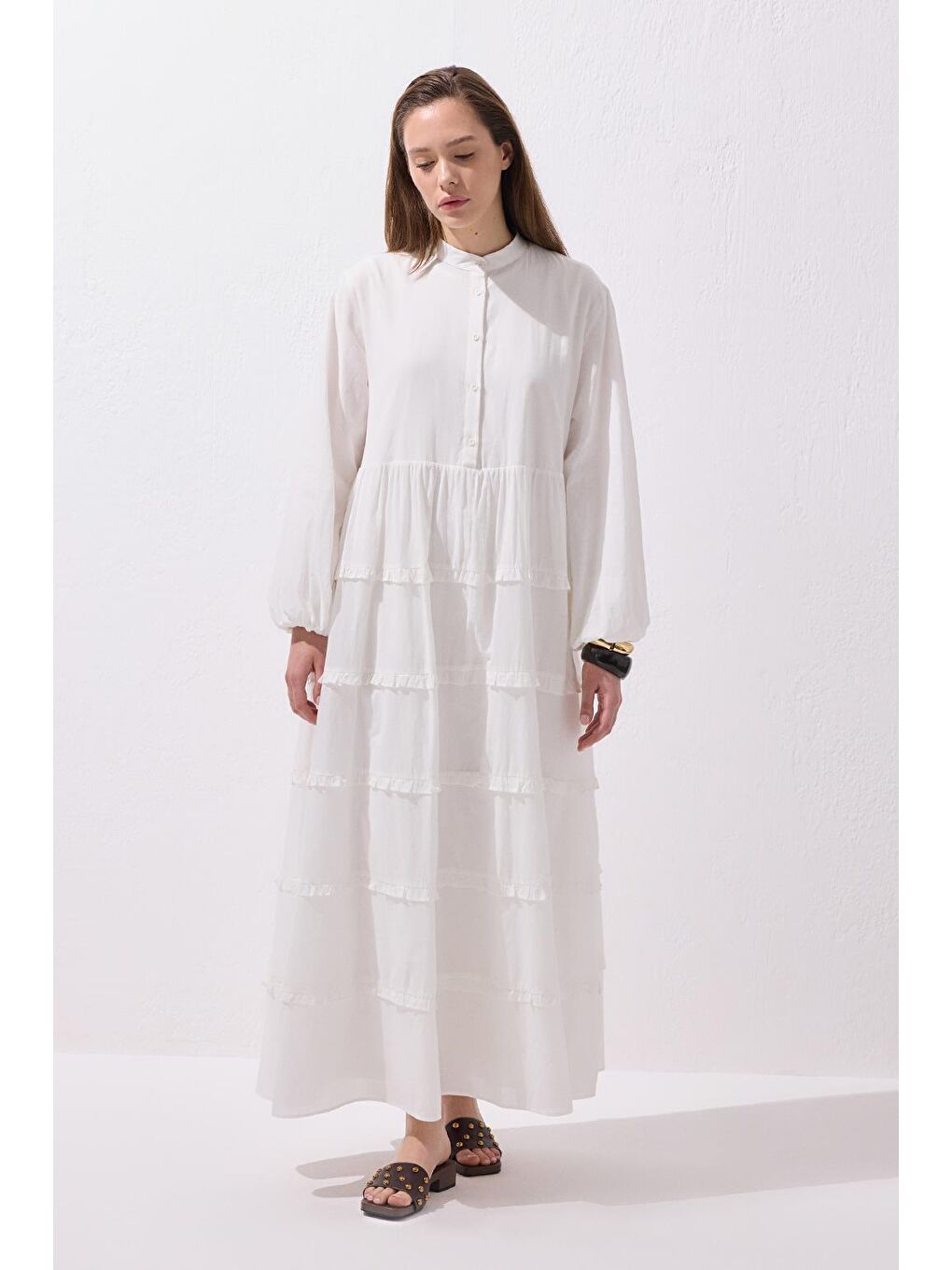 Azur Vual Katlı Uzun Elbise Ekru-6