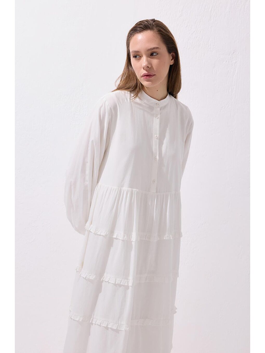 Azur Vual Katlı Uzun Elbise Ekru-7