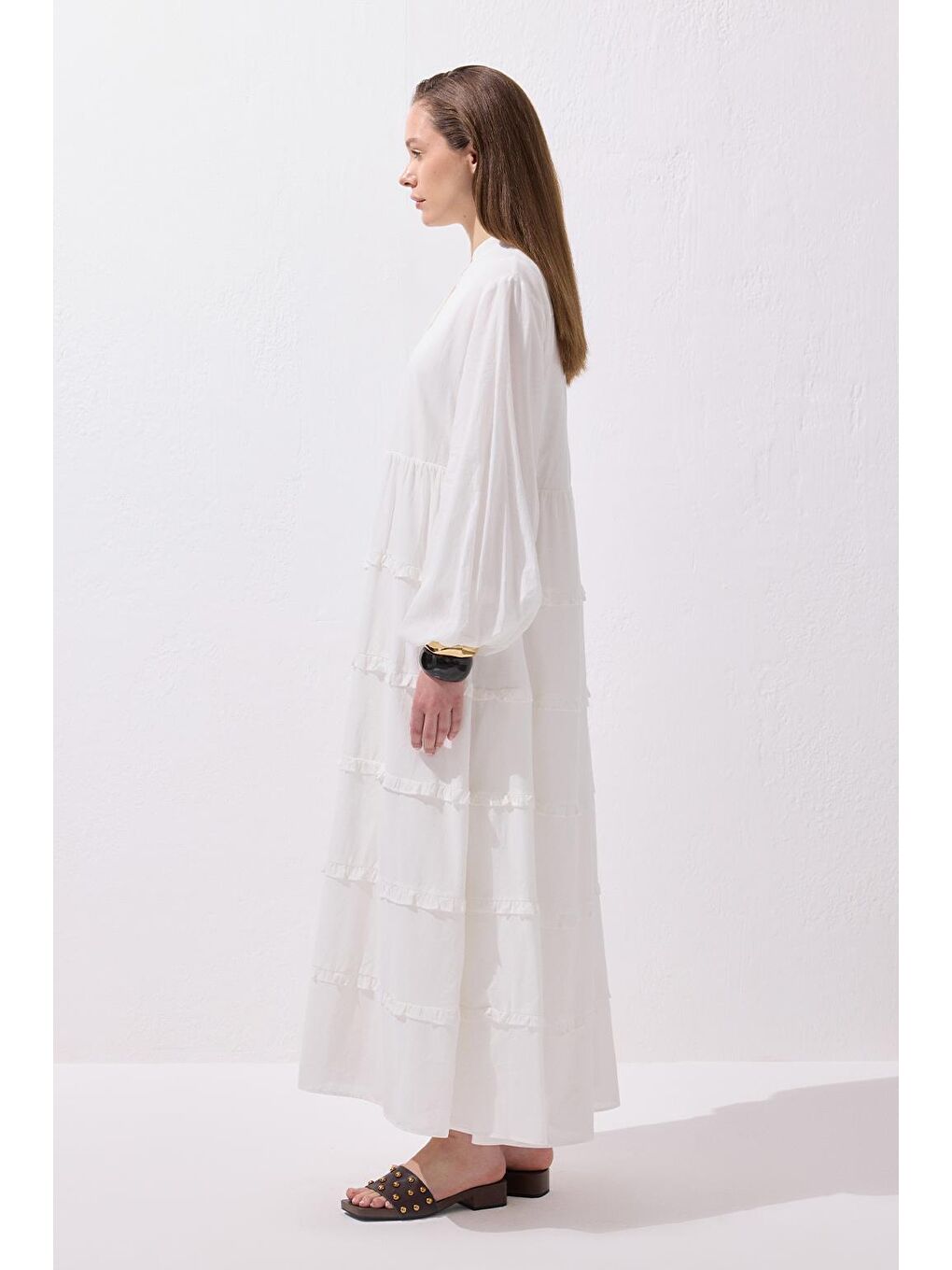 Azur Vual Katlı Uzun Elbise Ekru-8