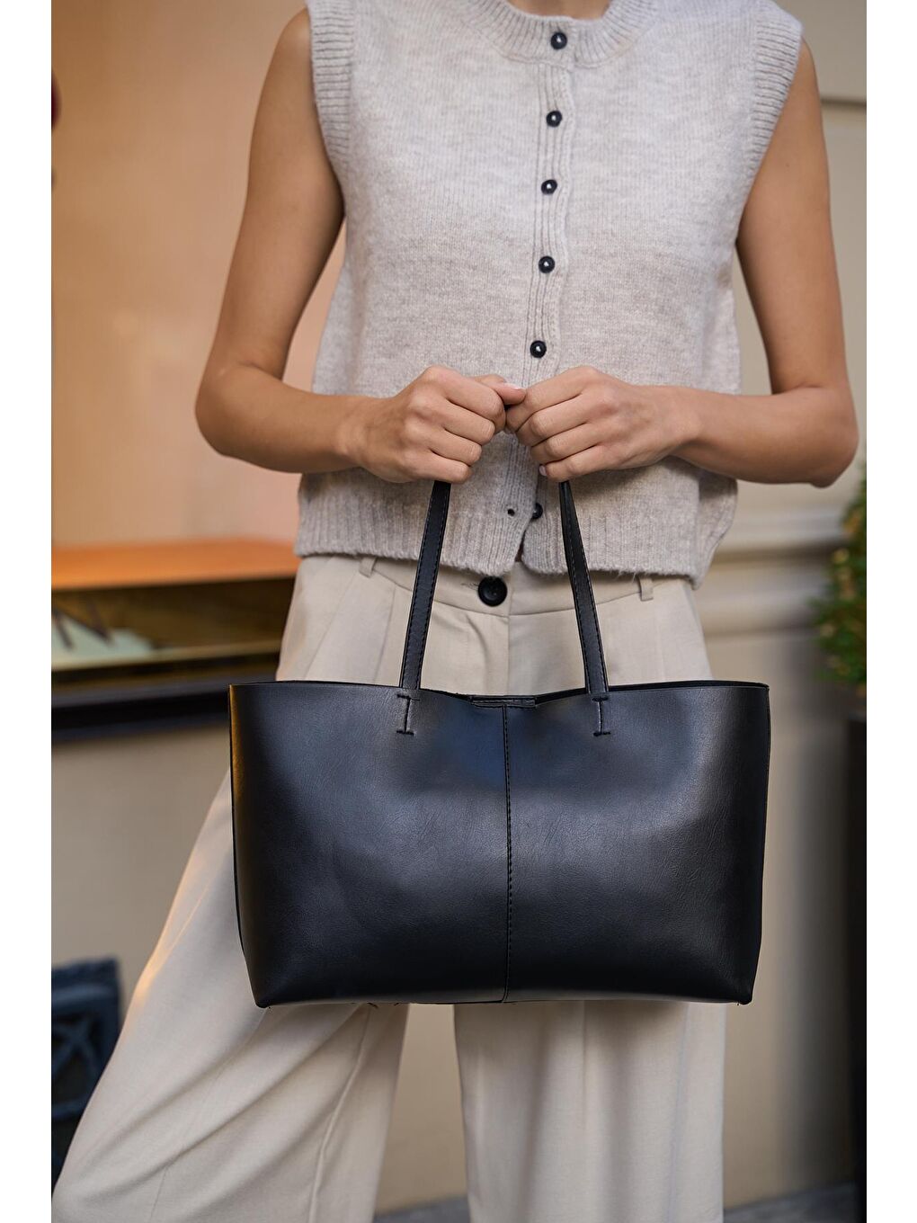 Minimal Tote El Ve Omuz Çantası Siyah-1