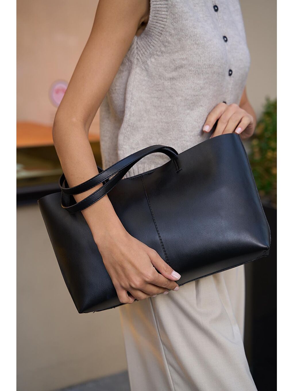 Minimal Tote El Ve Omuz Çantası Siyah-2