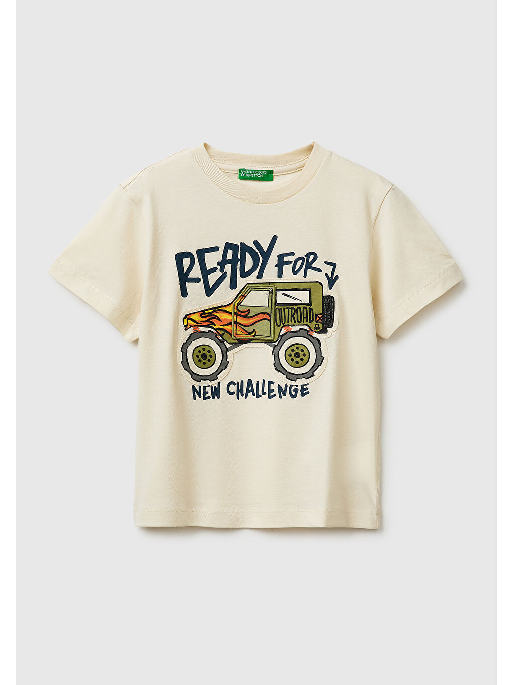Ekru Erkek Çocuk Krem Baskılı Logo Etiketli Bisiklet Yaka Kısa Kollu T-Shirt