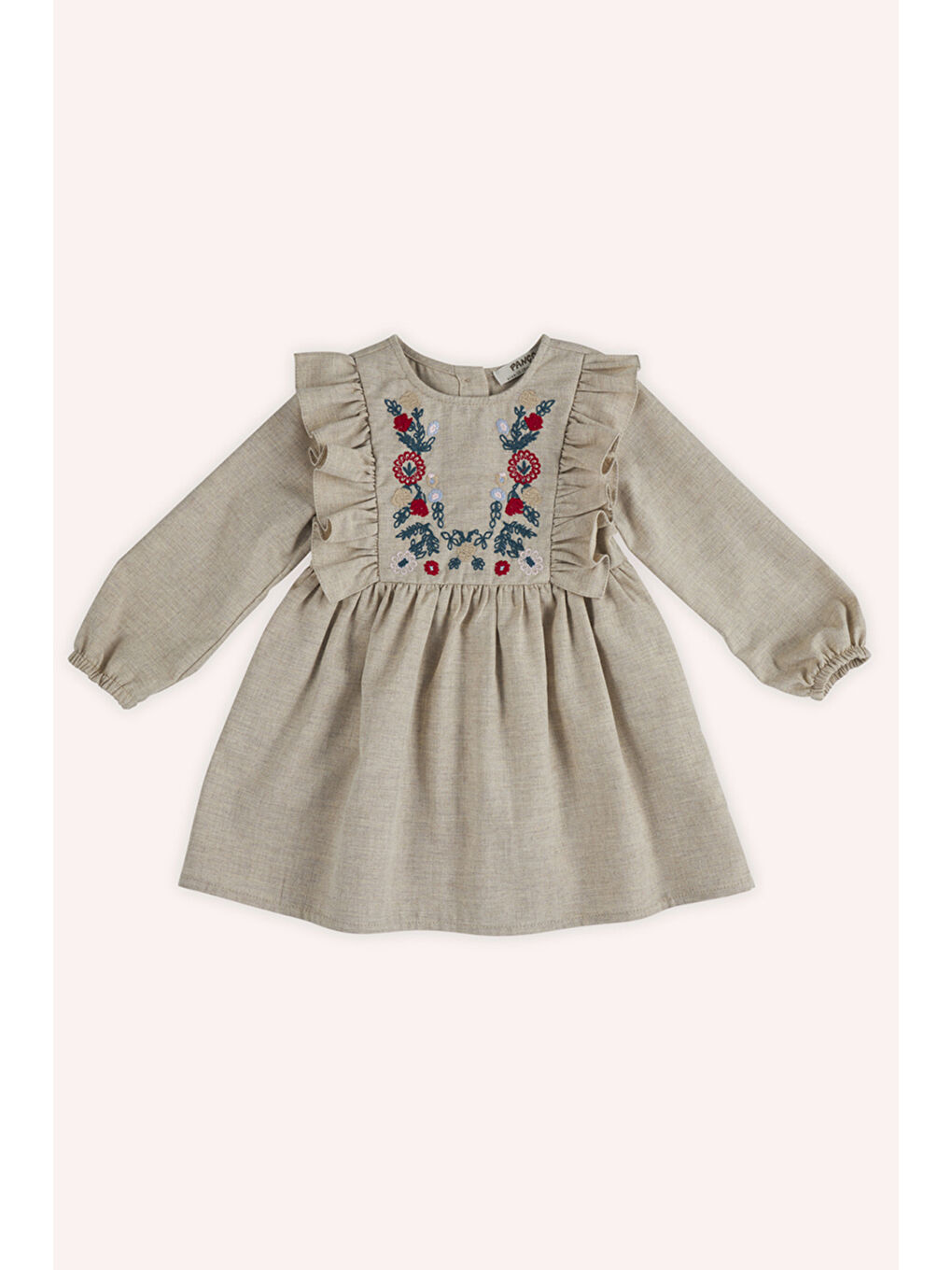 Bej Kız Çocuk Nakış Detaylı Elbise