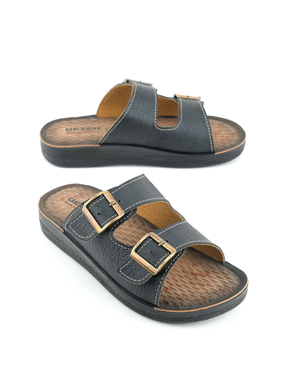 Siyah Yazlık Erkek Suni Deri İki Toka Ayarlanabilir Rahat Taban Günlük Terlik