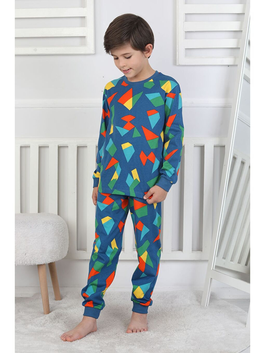 Lacivert Renkli Geometrik Şekilli Erkek Çocuk Pijama Takımı-6