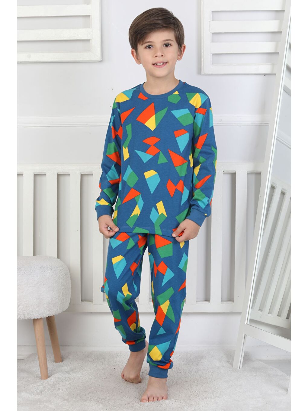Lacivert Renkli Geometrik Şekilli Erkek Çocuk Pijama Takımı-7