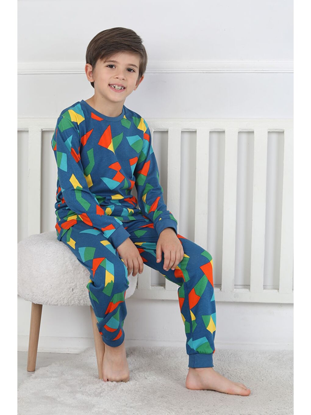 Lacivert Renkli Geometrik Şekilli Erkek Çocuk Pijama Takımı-8