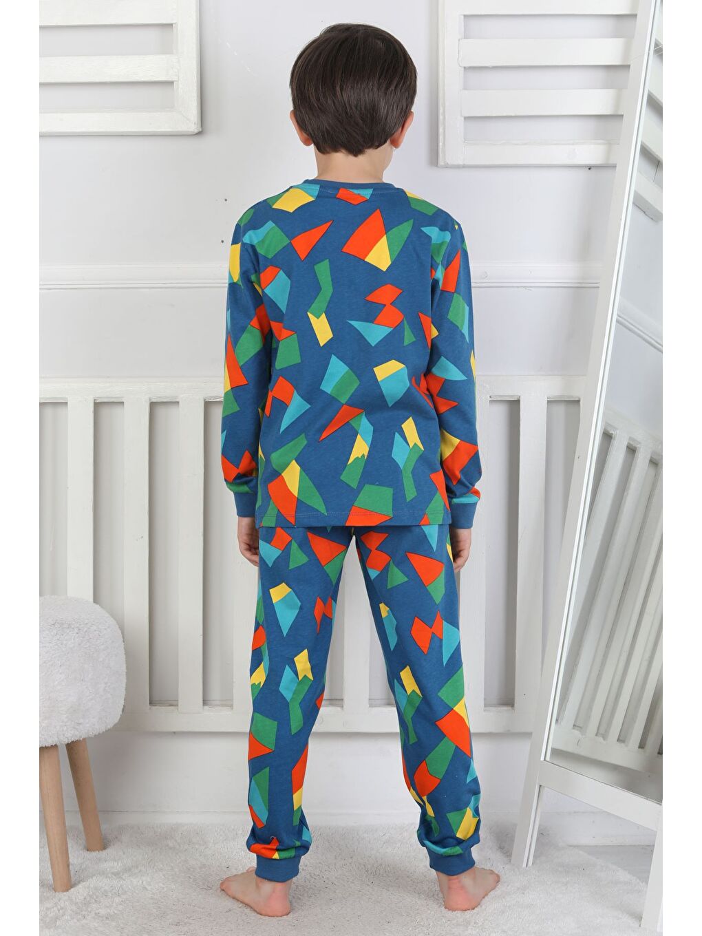 Lacivert Renkli Geometrik Şekilli Erkek Çocuk Pijama Takımı-9