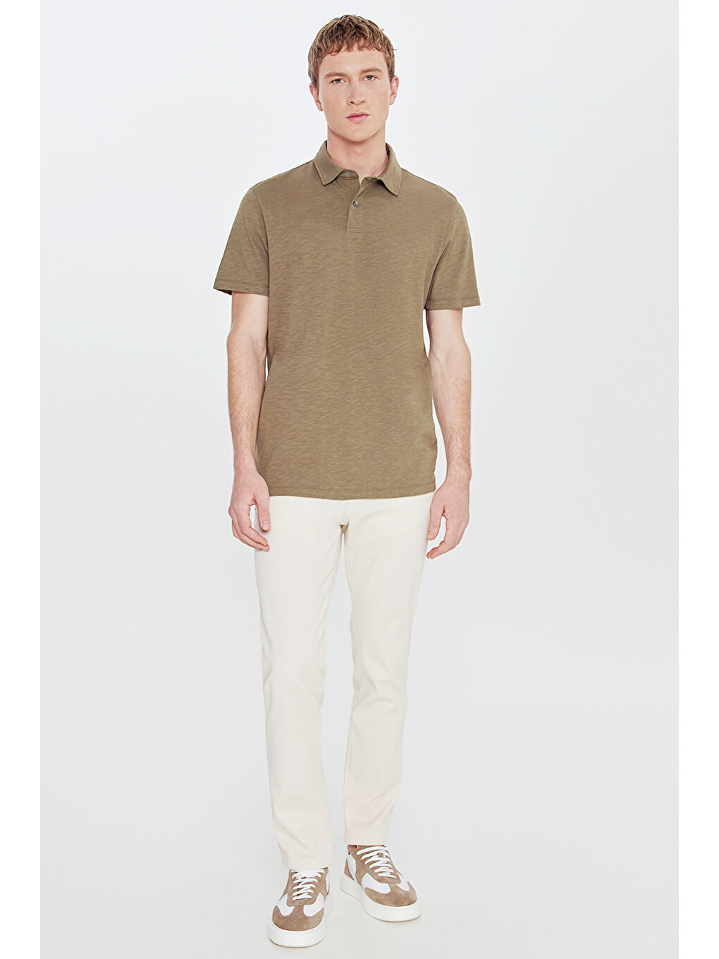 Erkek Haki %100 Pamuk Comfort Fit Rahat Kesim Polo Yaka Tişört-1