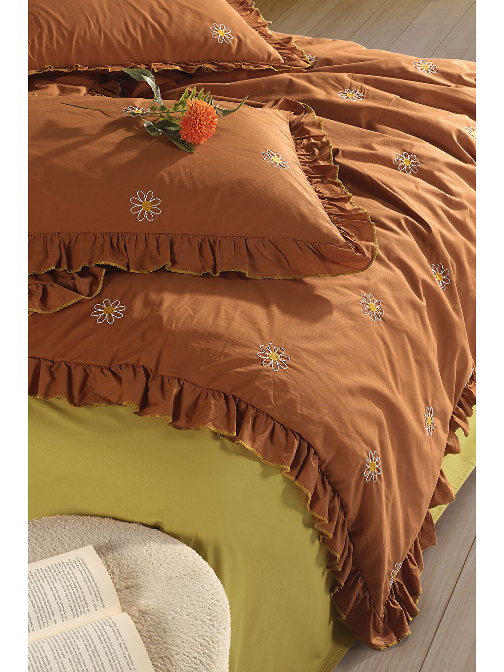 Kahverengi Ranforce %100 Pamuk Nakışlı Fırfırlı Nevresim Seti Sorteranev-3
