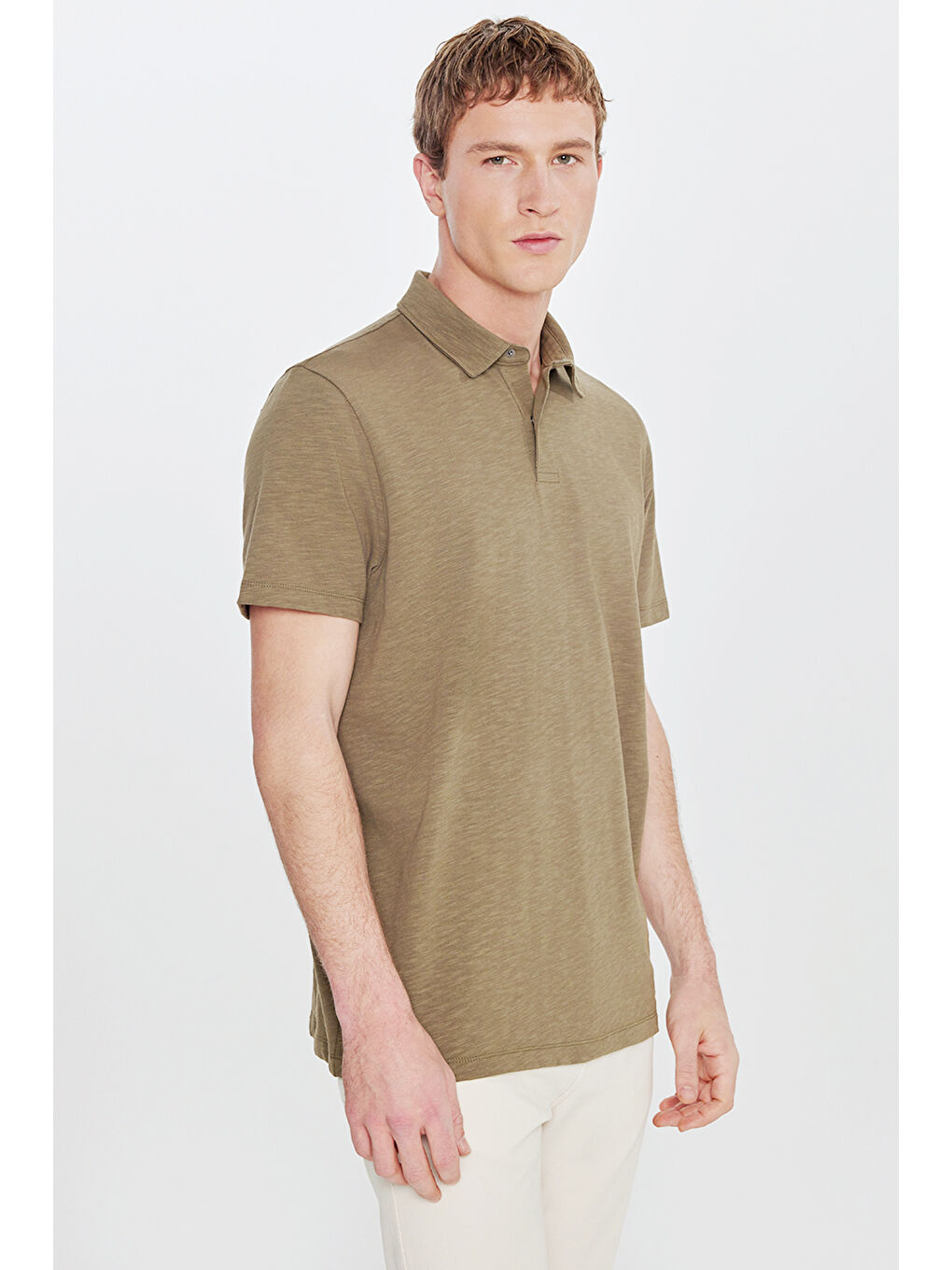 Erkek Haki %100 Pamuk Comfort Fit Rahat Kesim Polo Yaka Tişört-2