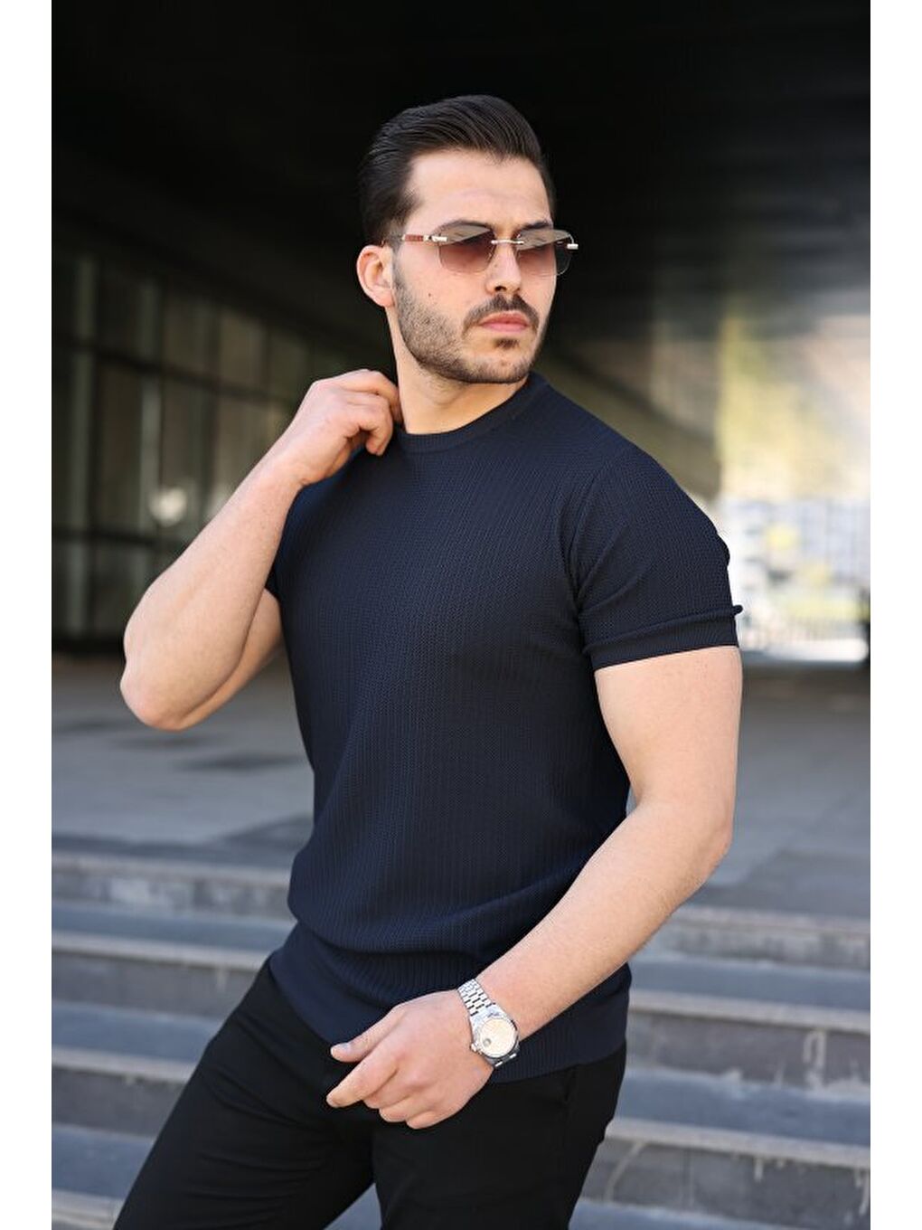 Lacivert Erkek Bisiklet Yaka Petek Dokulu Kısa Kollu Triko Tişört