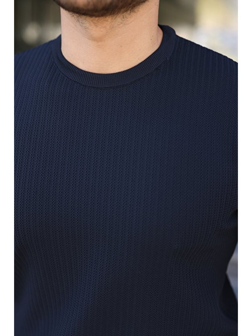 Lacivert Erkek Bisiklet Yaka Petek Dokulu Kısa Kollu Triko Tişört-1