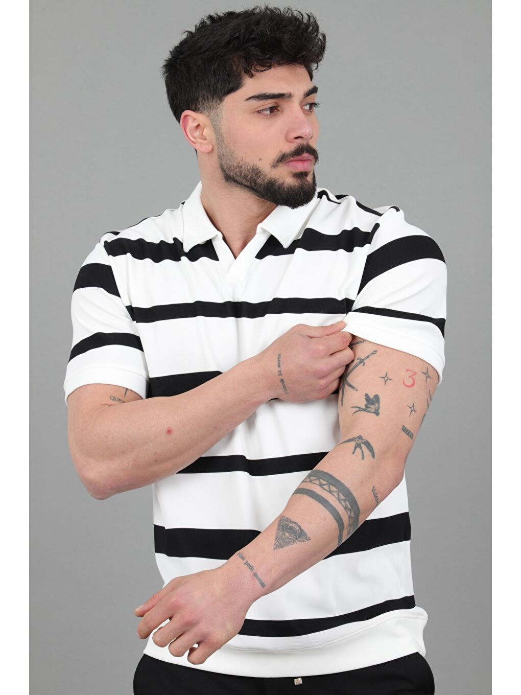 Beyaz Çift Renk Çizgili Apaç Yaka Tişört GP 1042_30494-2