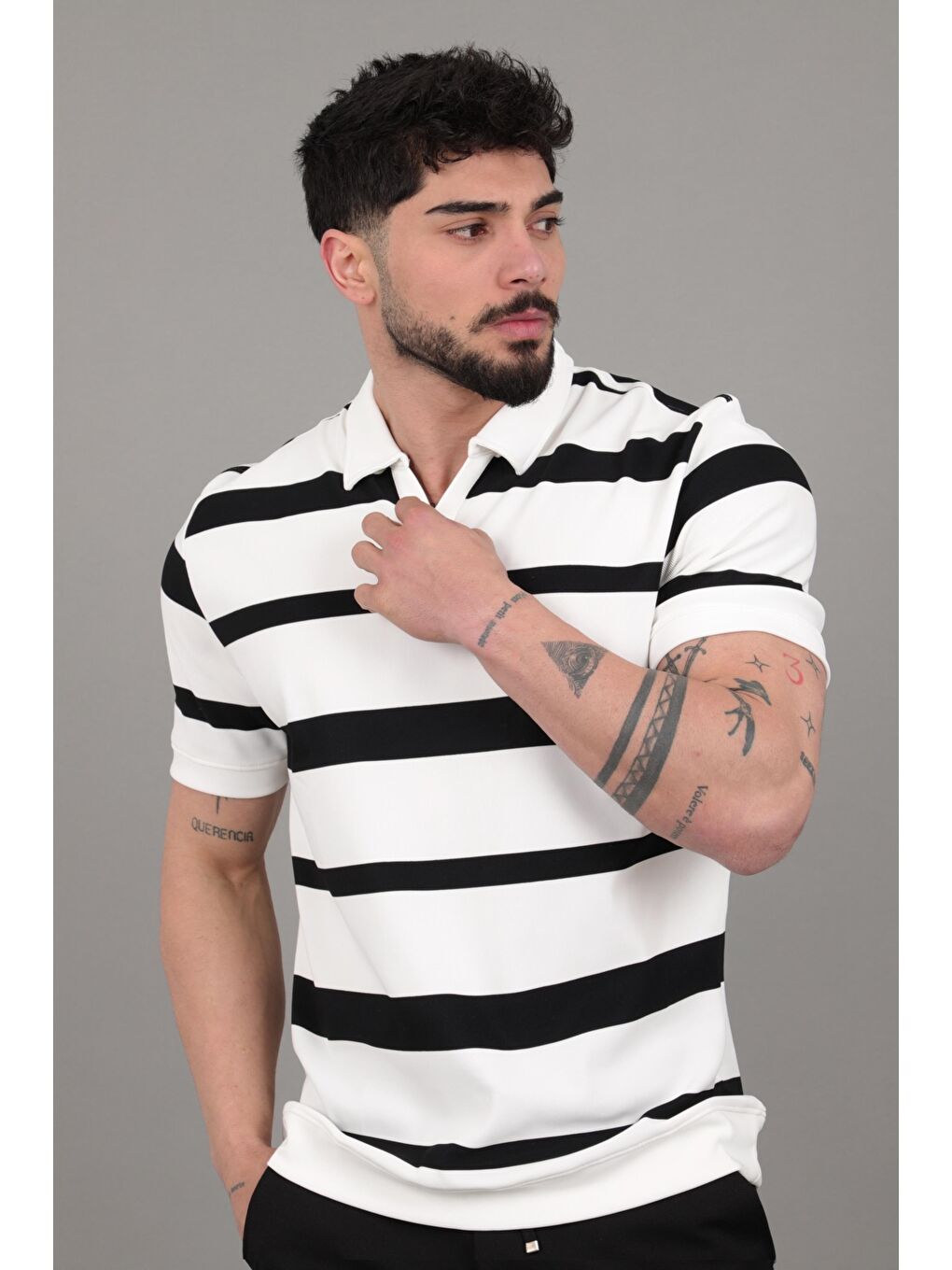 Beyaz Çift Renk Çizgili Apaç Yaka Tişört GP 1042_30494-3