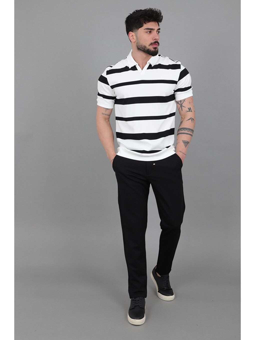 Beyaz Çift Renk Çizgili Apaç Yaka Tişört GP 1042_30494-4