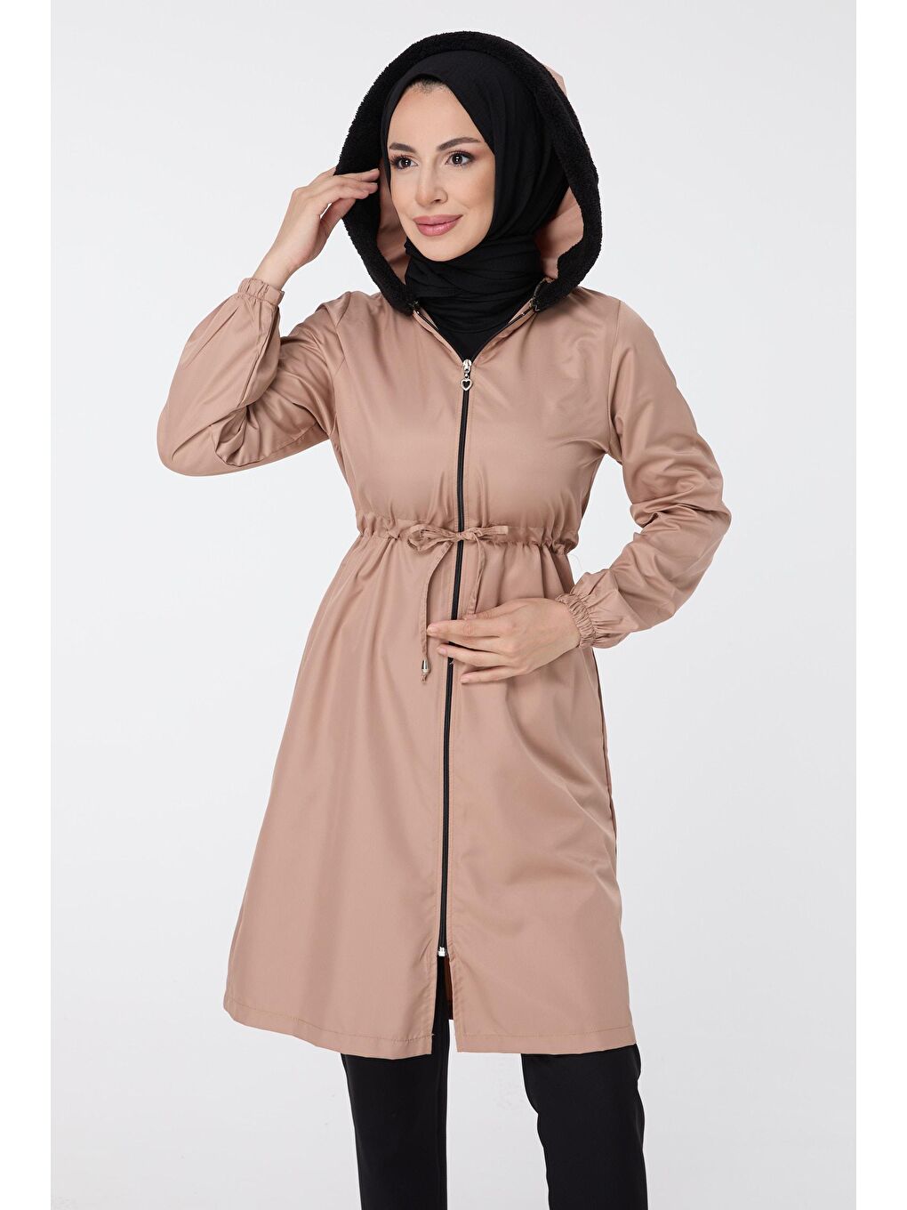 Bej Kapüşonlu Yaka Kadın Vizon Trenç Kap - 13042-1