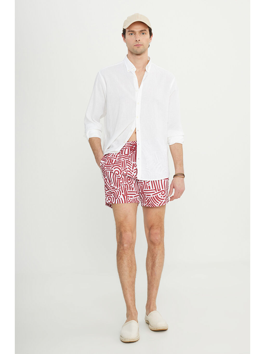 Erkek Beyaz Kırmızı Standart Fit Normal Kesim Cepli Hızlı Kuruyan Desenli Mayo Deniz Şortu-3