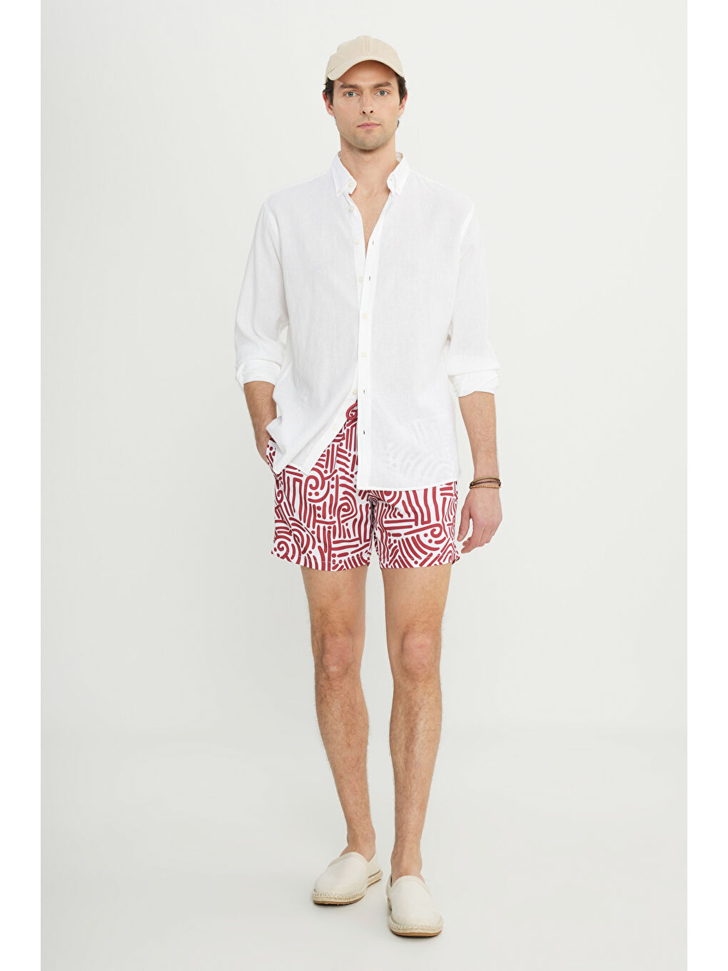 Erkek Beyaz Kırmızı Standart Fit Normal Kesim Cepli Hızlı Kuruyan Desenli Mayo Deniz Şortu-5