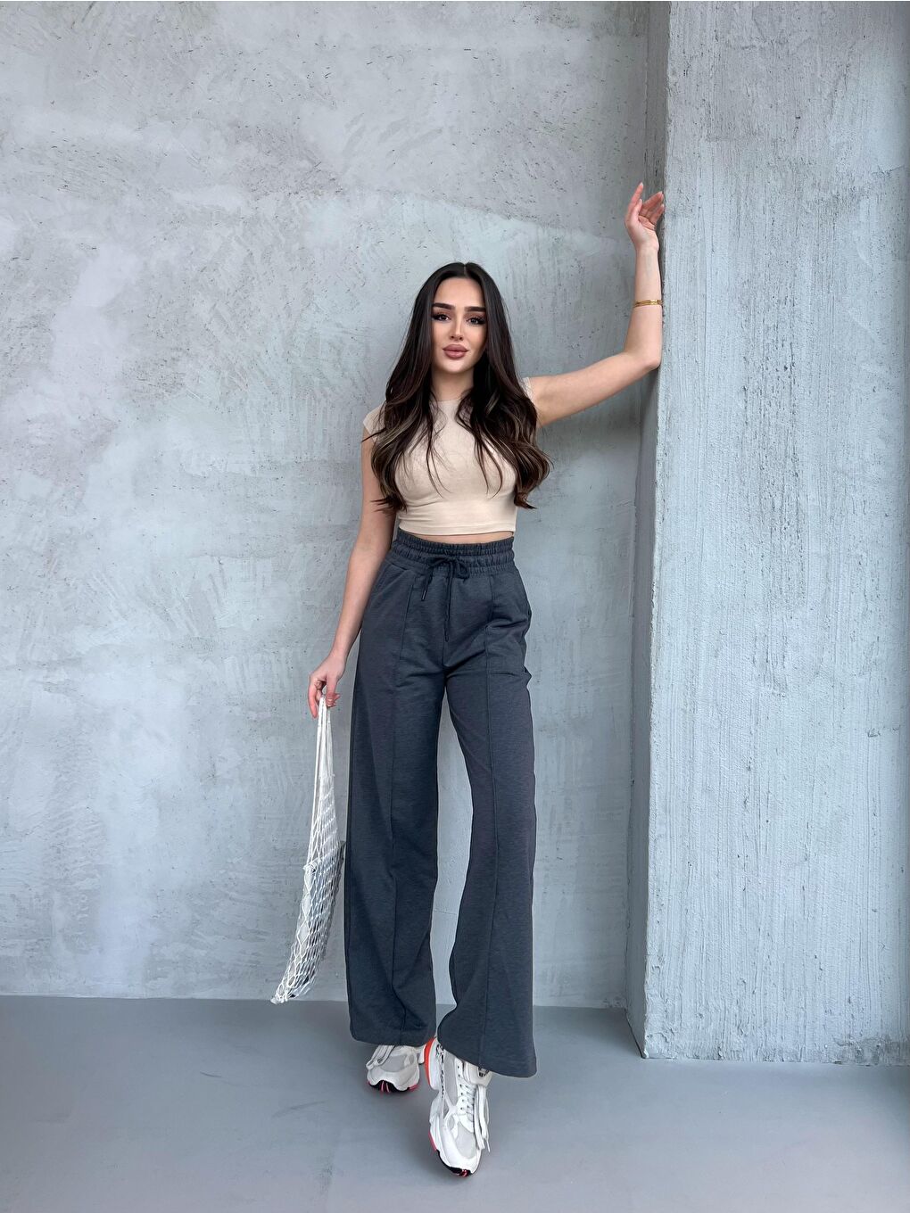 Siyah-Lacivert-Antrasit Kadın Mevsimlik Salaş Geniş Paça Yüksek Bel 3'lü Eşofman Altı-3