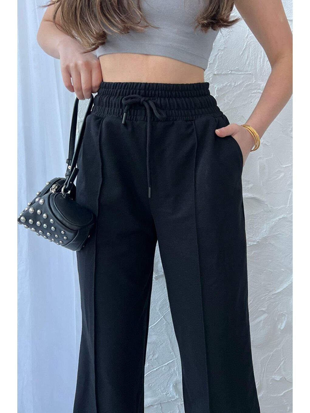 Siyah-Lacivert-Antrasit Kadın Mevsimlik Salaş Geniş Paça Yüksek Bel 3'lü Eşofman Altı-5