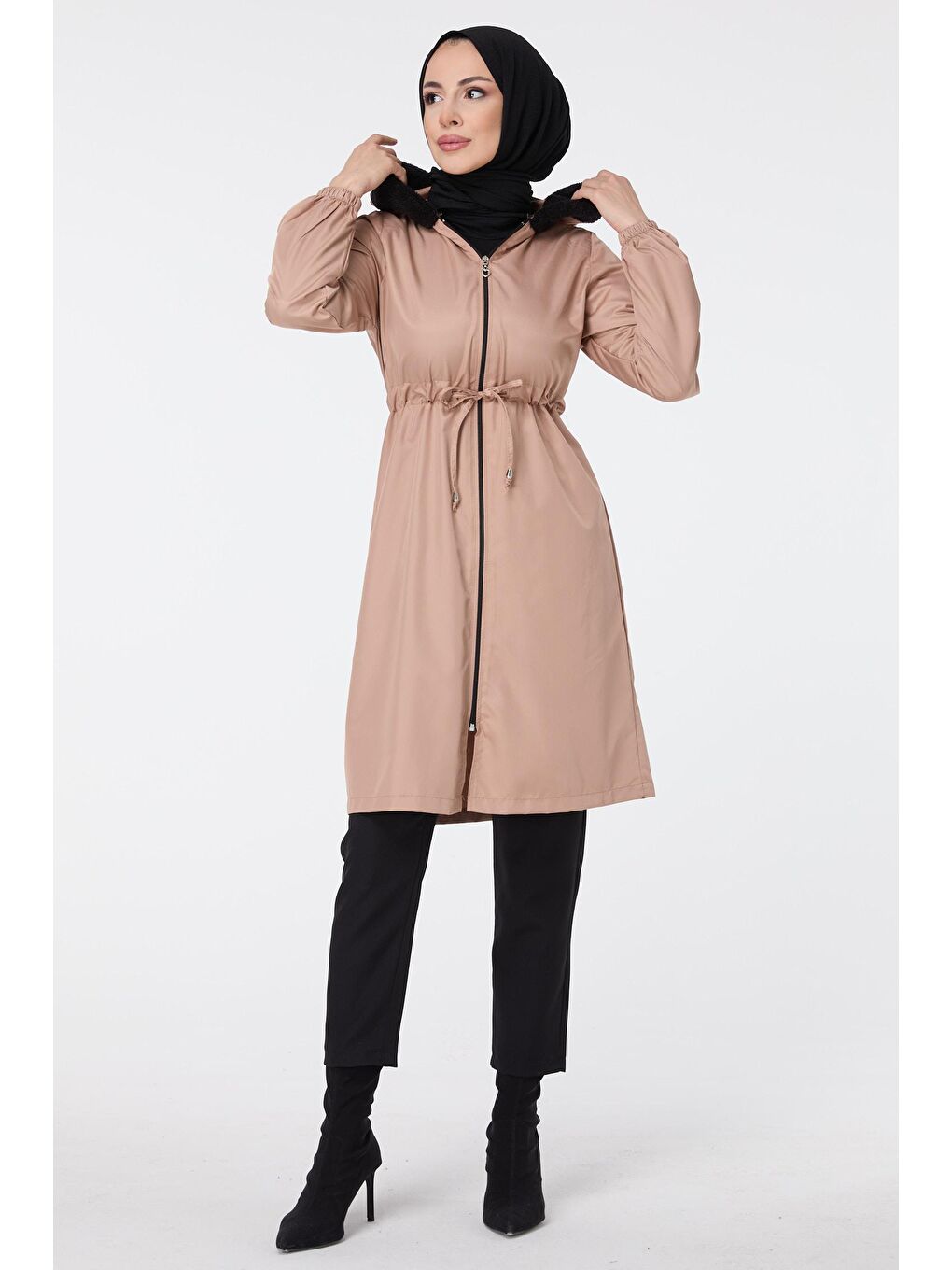 Bej Kapüşonlu Yaka Kadın Vizon Trenç Kap - 13042-3