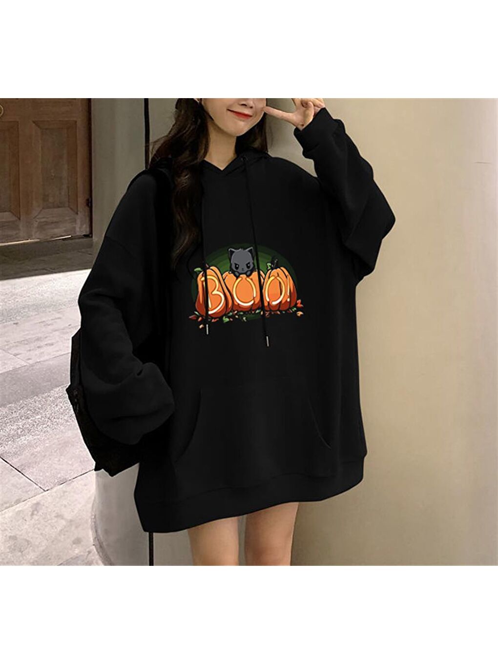 Halloween Boo Cat Baskılı Siyah Unisex Oversize Kapüşonlu Sweatshirt