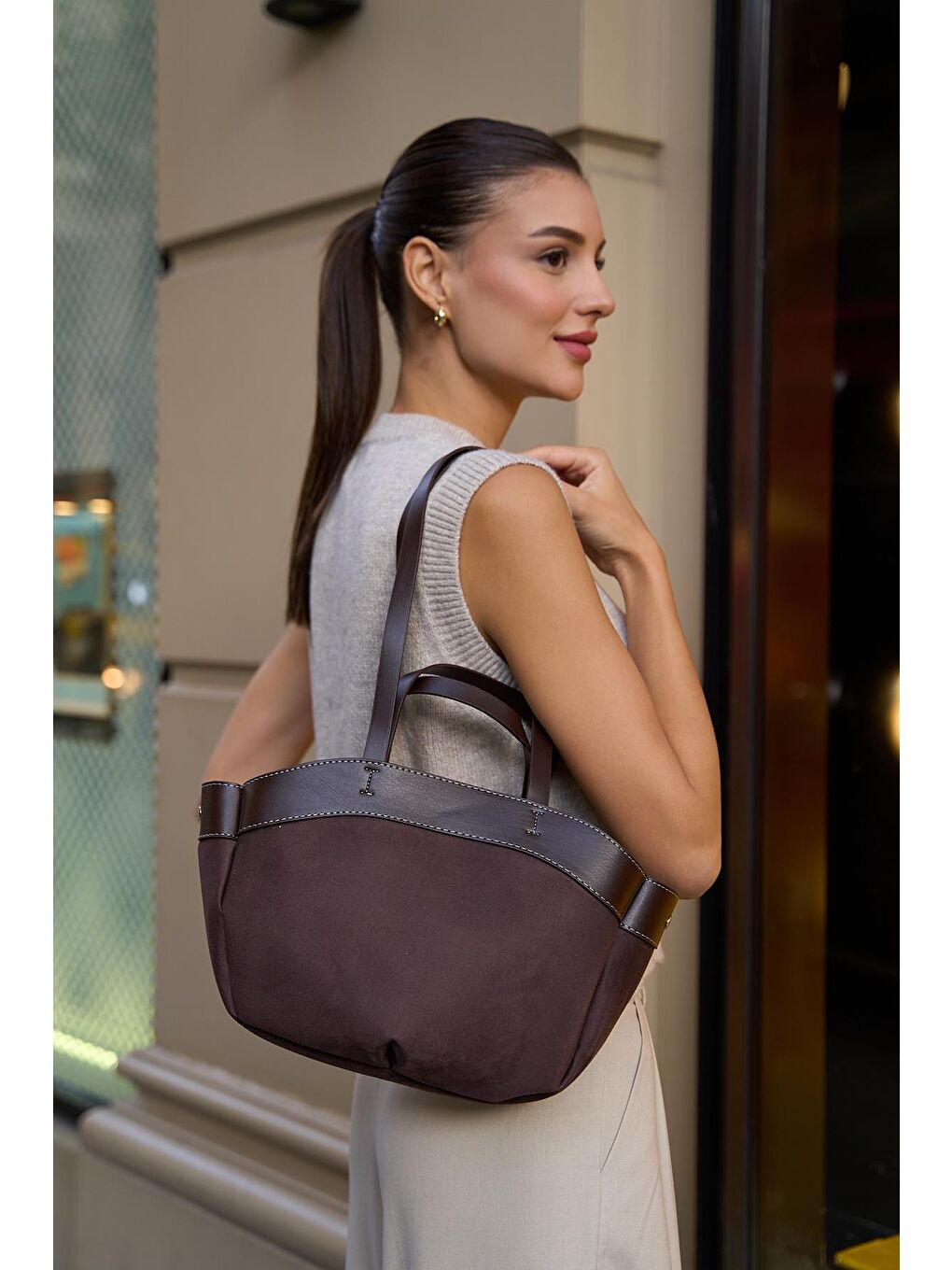 MADAMRA Bolso Shopper El Ve Omuz Çantası Kahverengi Süet - 2