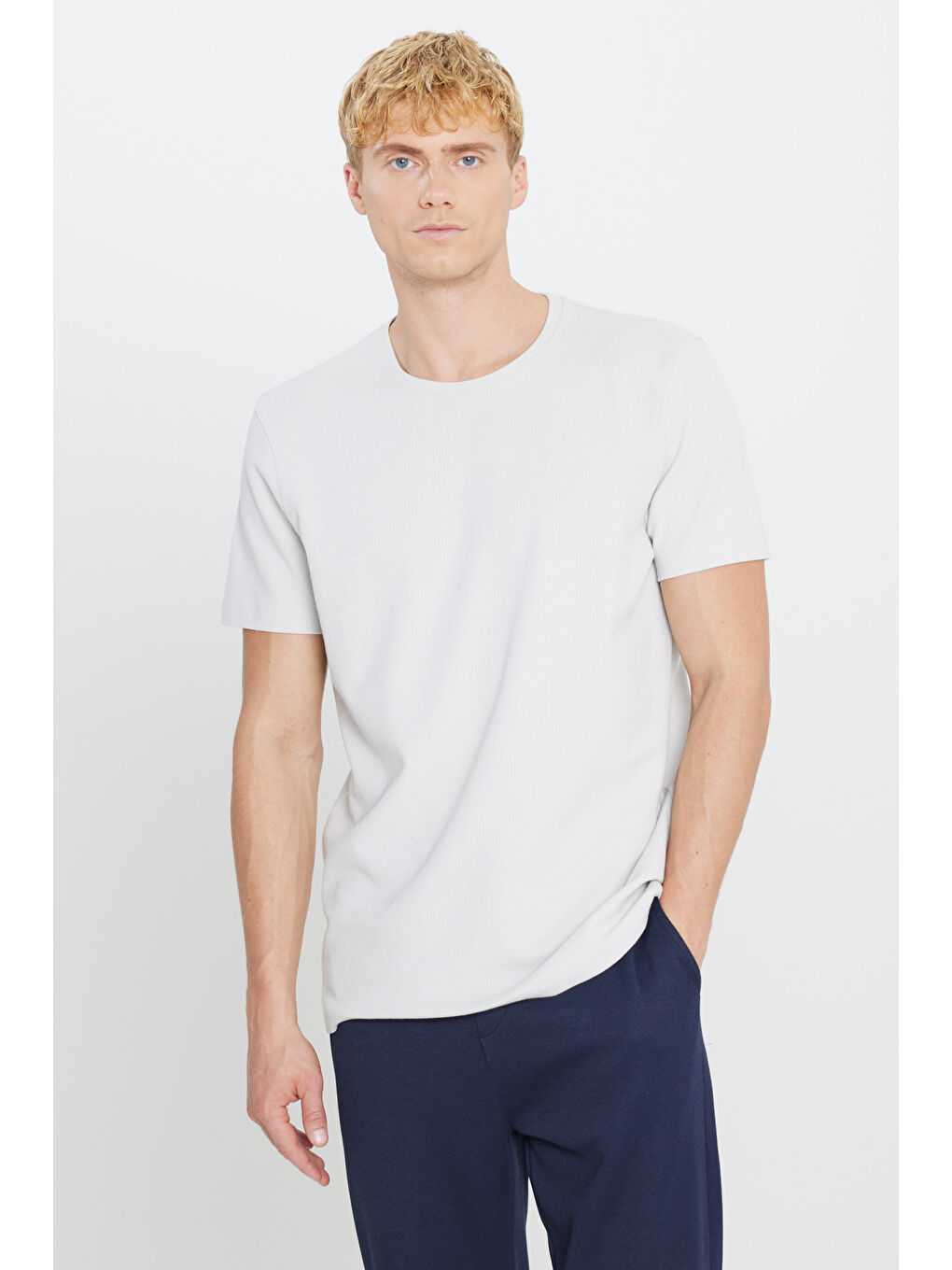 Erkek Gri %100 Pamuk Slim Fit Dar Kesim Bisiklet Yaka Jakarlı Tişört