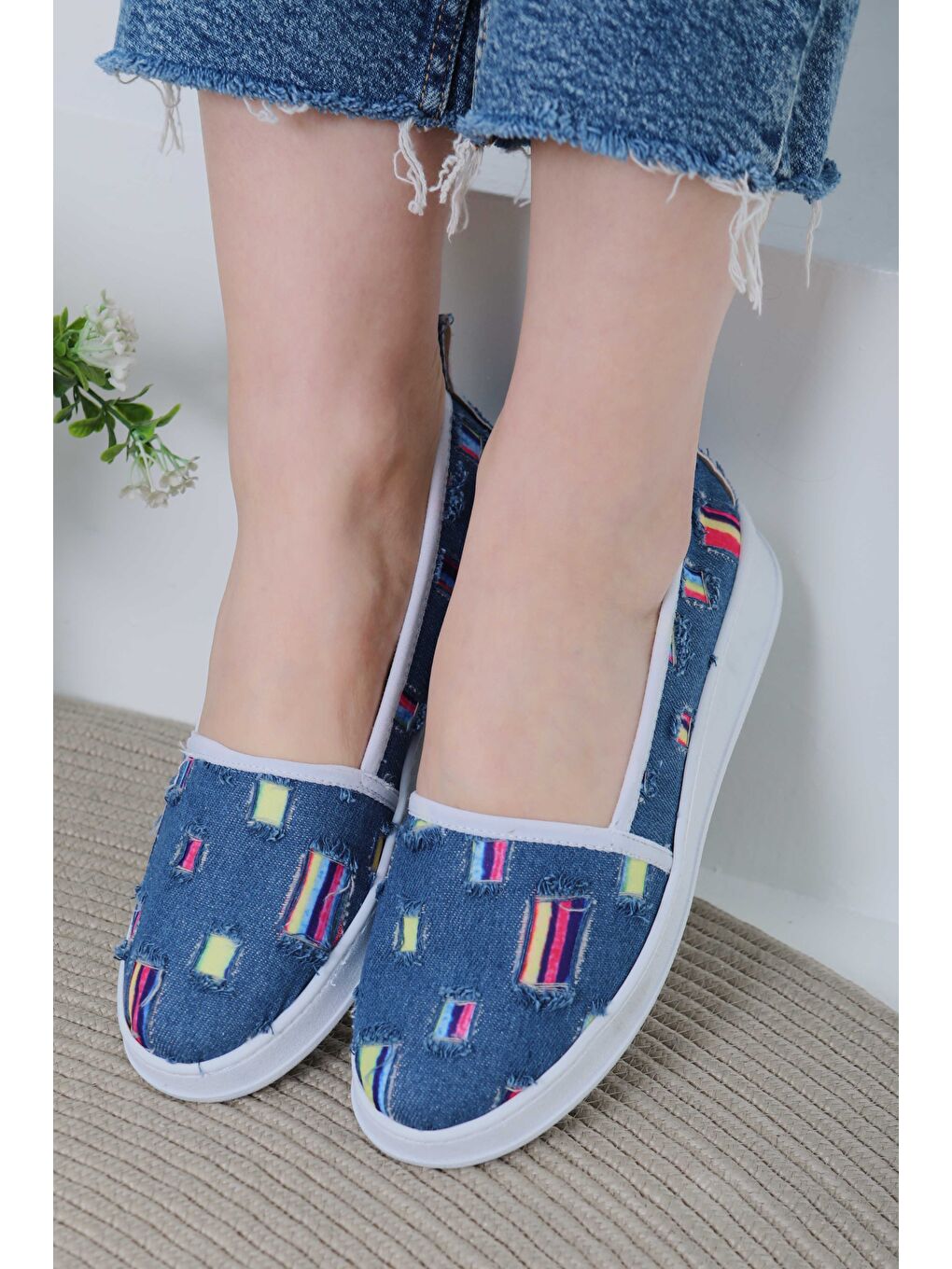 Kadın Mavi Kare Renk Detaylı Babet - 27078