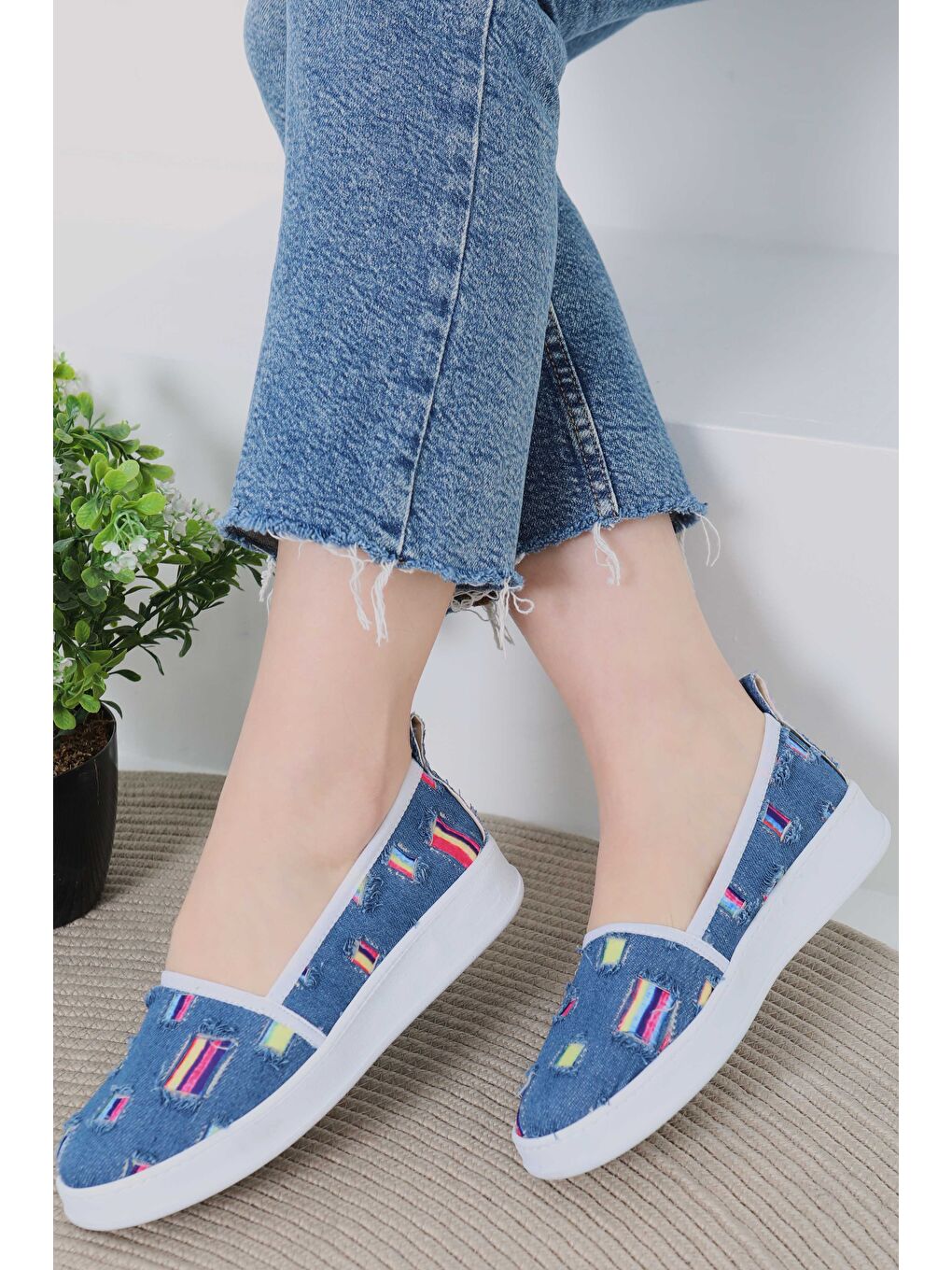 Kadın Mavi Kare Renk Detaylı Babet - 27078-2