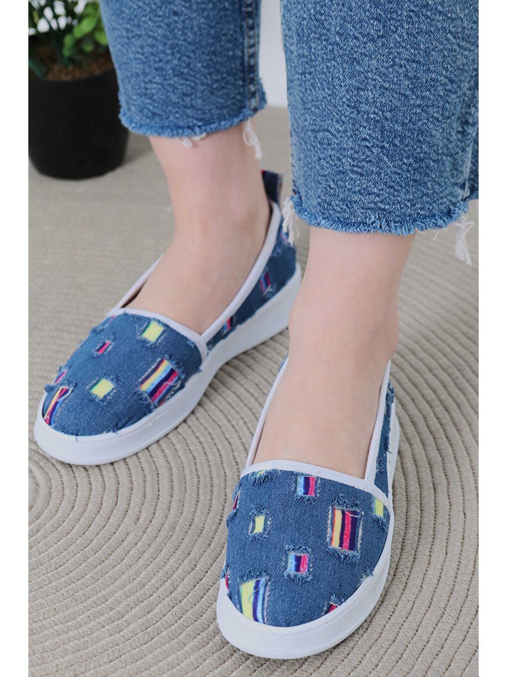 Kadın Mavi Kare Renk Detaylı Babet - 27078-3