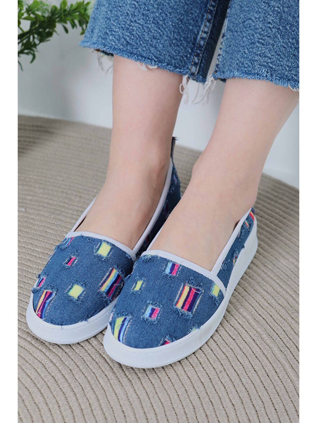 Kadın Mavi Kare Renk Detaylı Babet - 27078-4