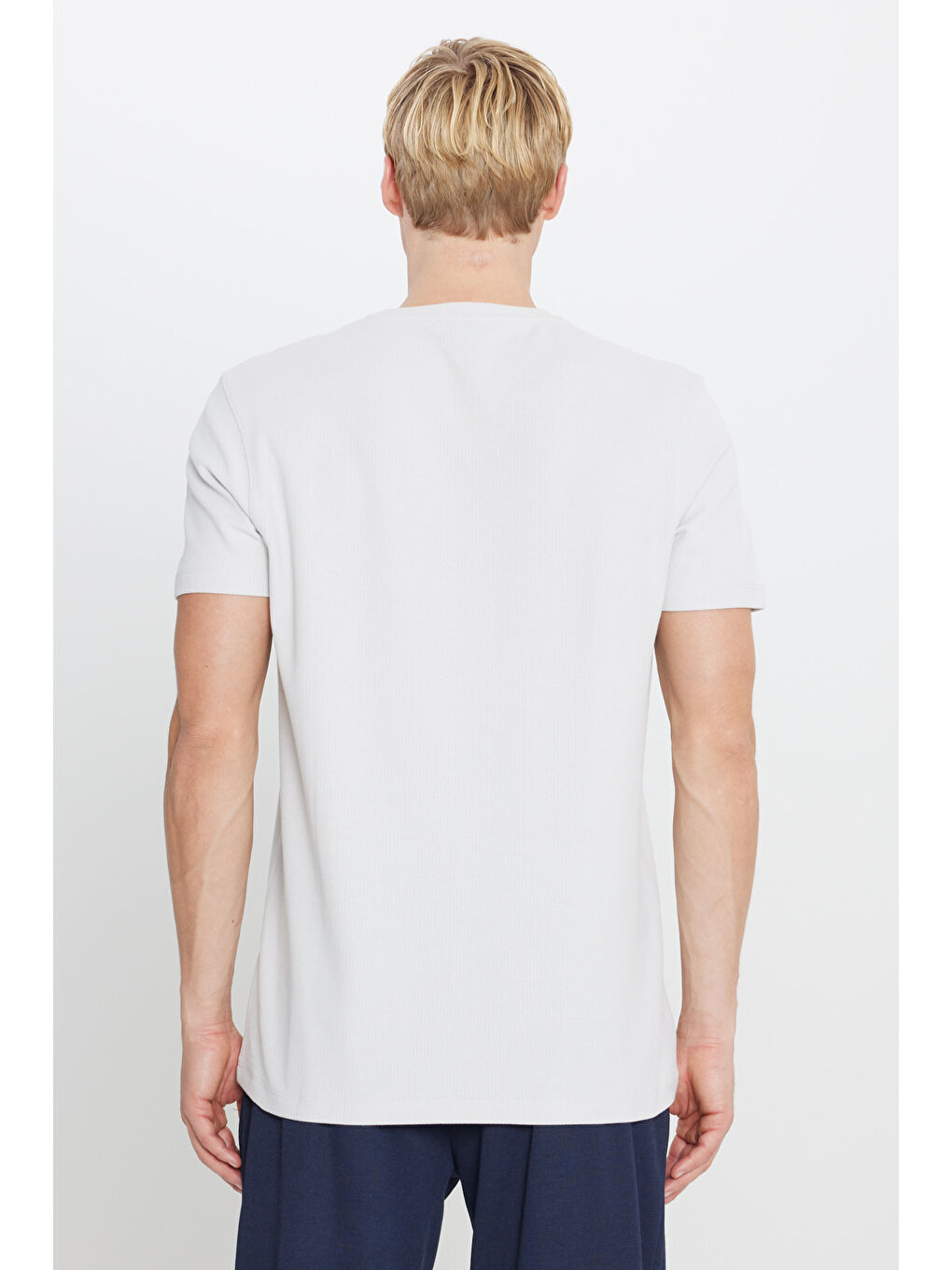 Erkek Gri %100 Pamuk Slim Fit Dar Kesim Bisiklet Yaka Jakarlı Tişört-4