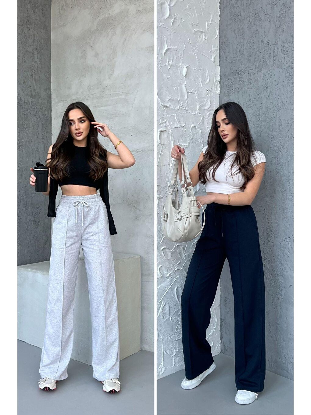 Gri Siyah-Antrasit Kadın Mevsimlik Salaş Geniş Paça Yüksek Bel 2'li Eşofman Altı