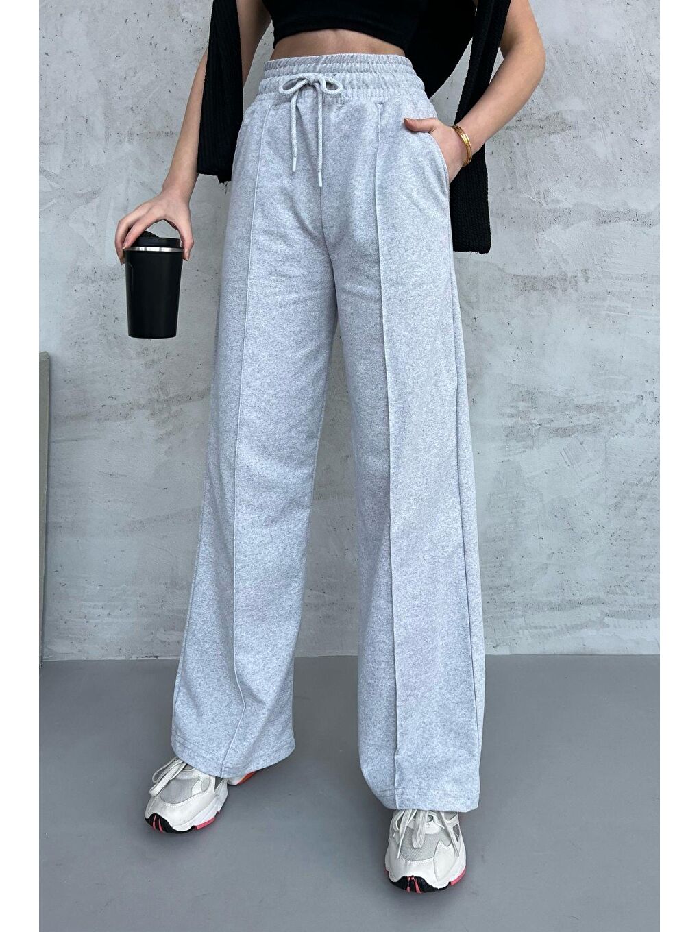 Gri Siyah-Antrasit Kadın Mevsimlik Salaş Geniş Paça Yüksek Bel 2'li Eşofman Altı-2