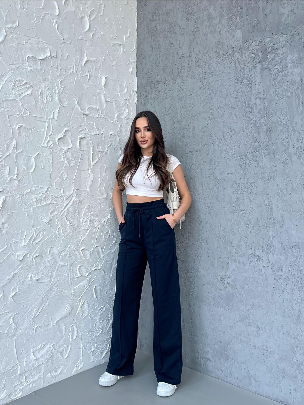 Gri Siyah-Antrasit Kadın Mevsimlik Salaş Geniş Paça Yüksek Bel 2'li Eşofman Altı-4