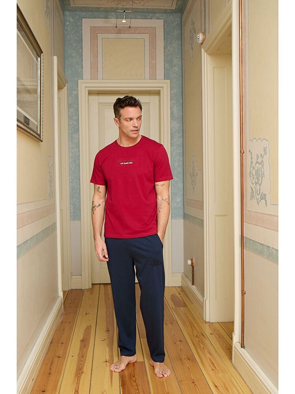 PREMIUM Erkek Kırmızı %100 Doğal Pamuk Cepli Yüksek Kaliteli Kısa Kollu Pijama Takımı