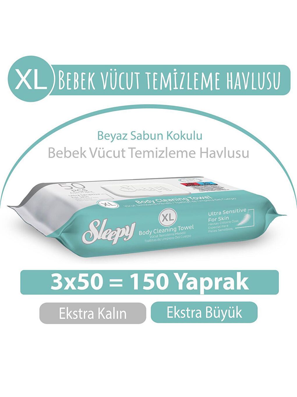 Sleepy Beyaz XL Beyaz Sabun Kokulu Bebek Vücut Temizleme Havlusu 3x50 (150 Yaprak)