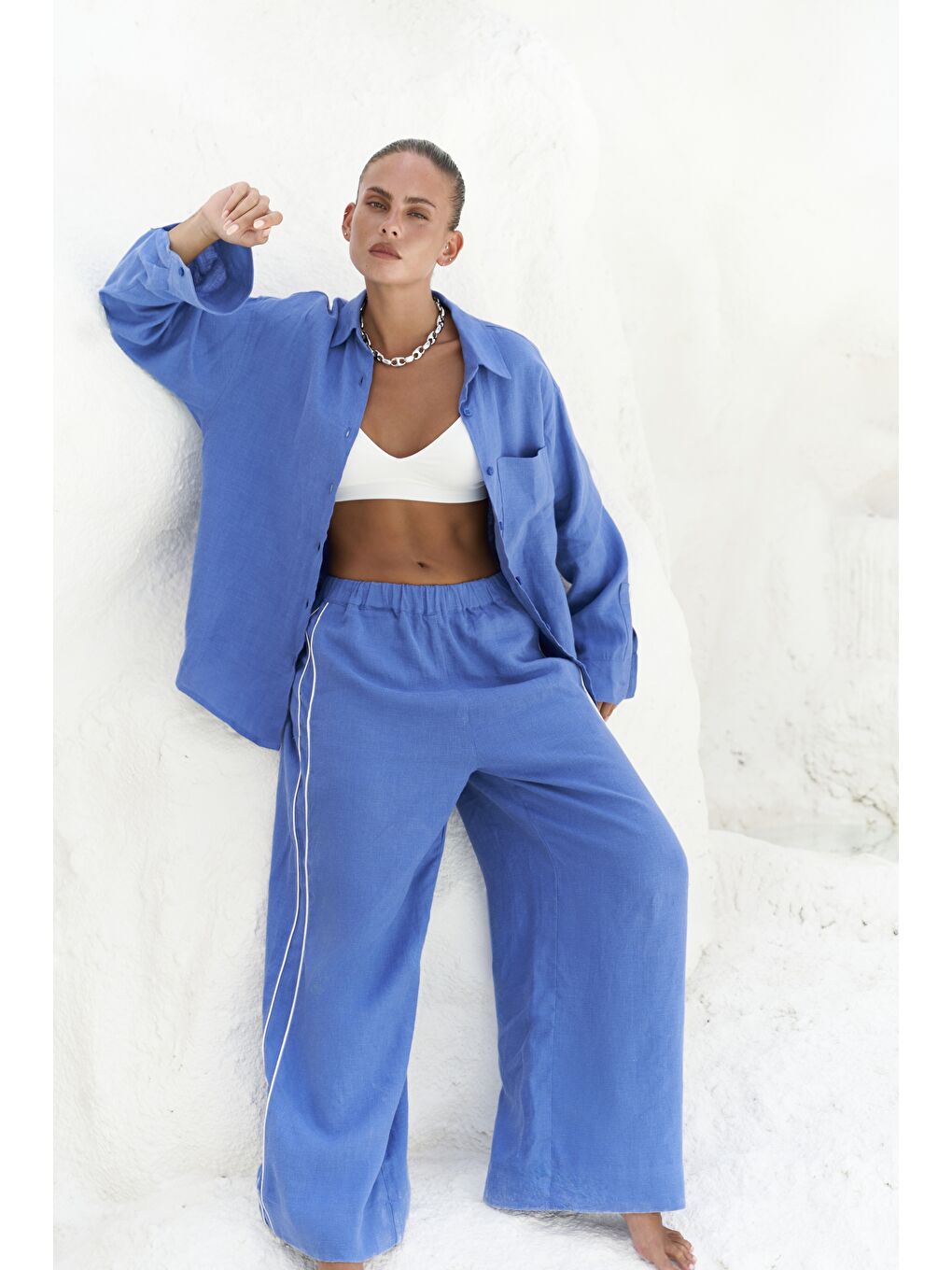 Orchidea Oversize Saks Mavi Keten Gömlek Takım-3